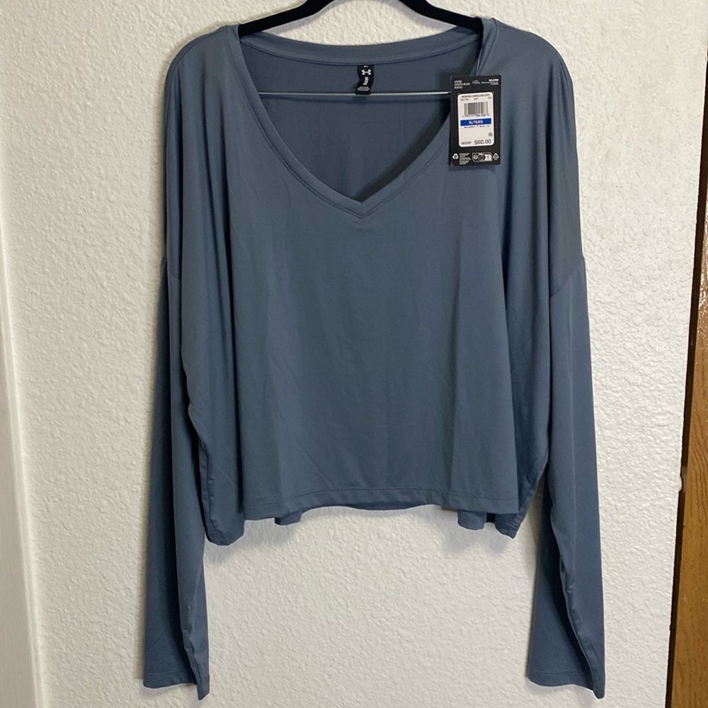 Womens under armor movement v-neck Long sleeves cropped size XL blue gray